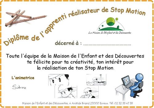Diplôme pour le Stage StopMotion 2012